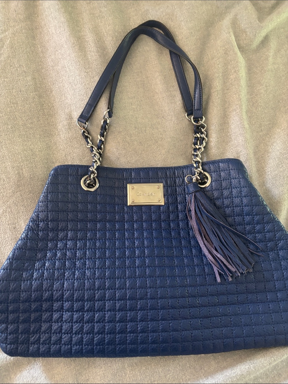 Calvin Klein Quilted Navy Leather Shoulder Bag with Tassel Accent